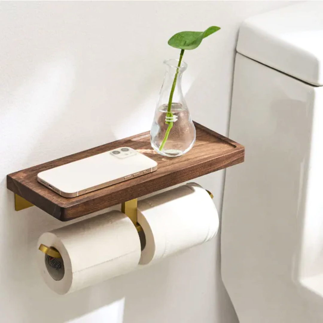 Dual Hook Wooden Toilet Paper Holder