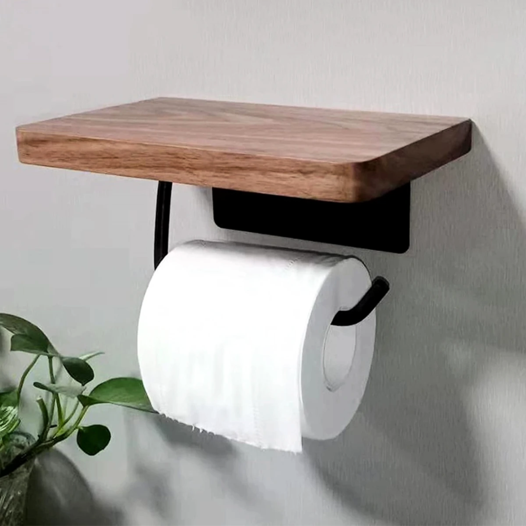 Walnut Tissue Stand with Integrated Shelf