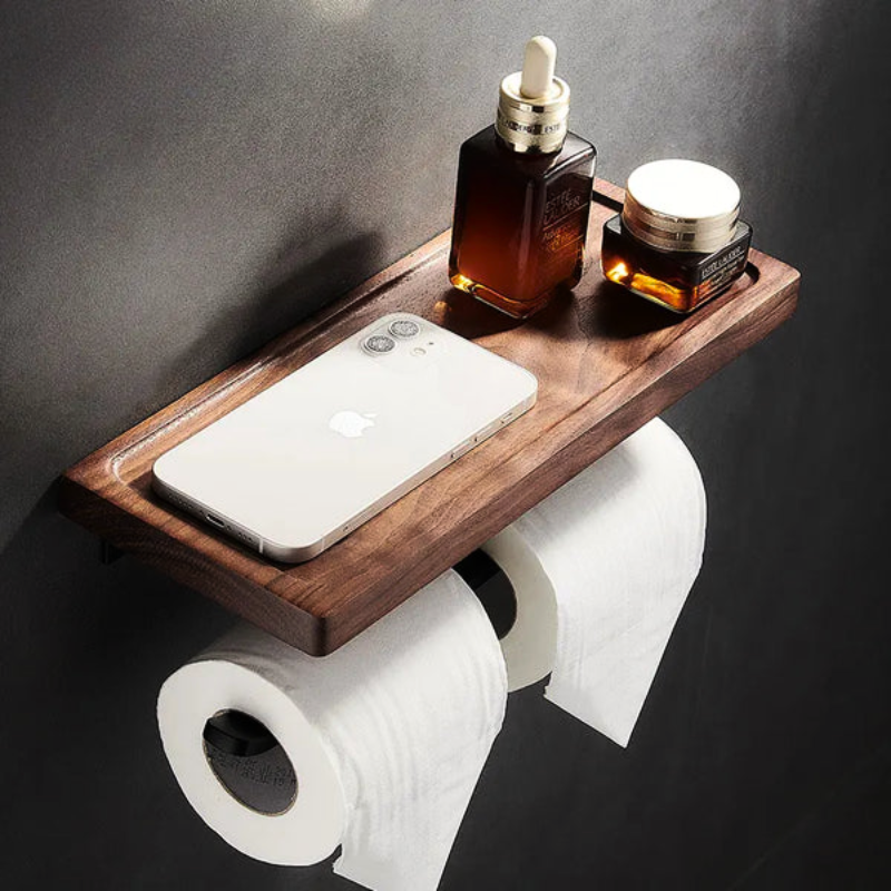 Walnut Bathroom Shelf with Toilet Paper Holder