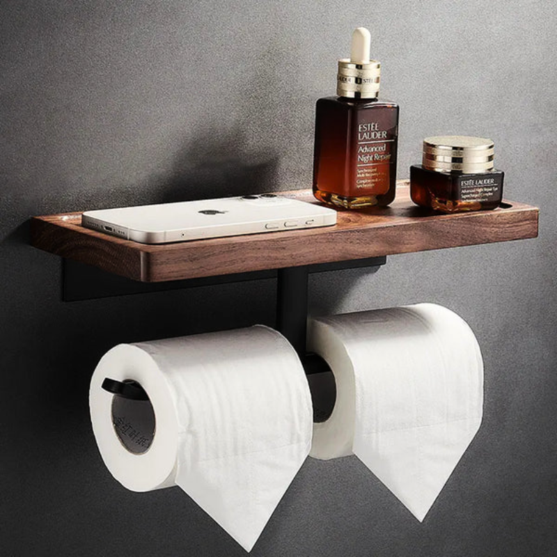 Walnut Bathroom Shelf with Toilet Paper Holder