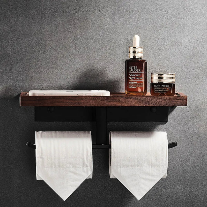 Walnut Bathroom Shelf with Toilet Paper Holder