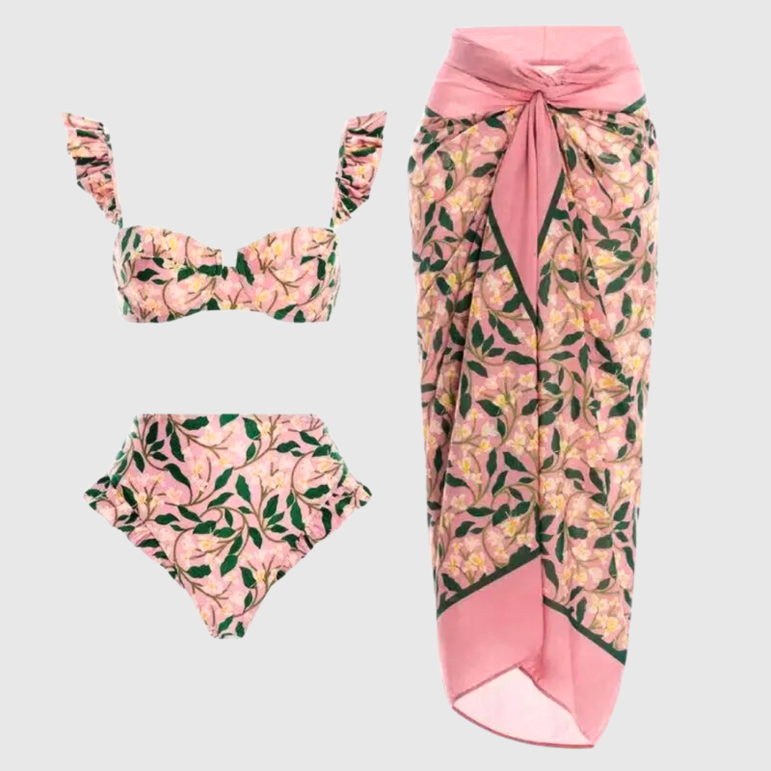 Floral 3-Piece High-Waisted Bikini &amp; Sarong Set